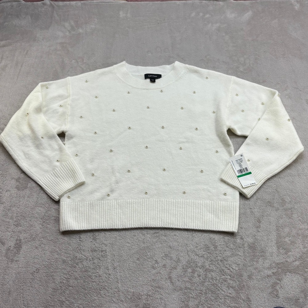 Karen Kane Pearl Sweater Womens L Cream Pink Shimmer Faux Pearl Coquette Preppy